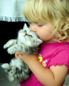girl squeezing kitten
